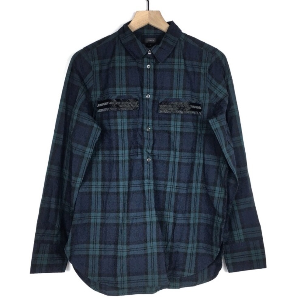J CREW Tartan Plaid Popover Top Beads Chevron Dark Academia Navy Blue Size 8 NWT